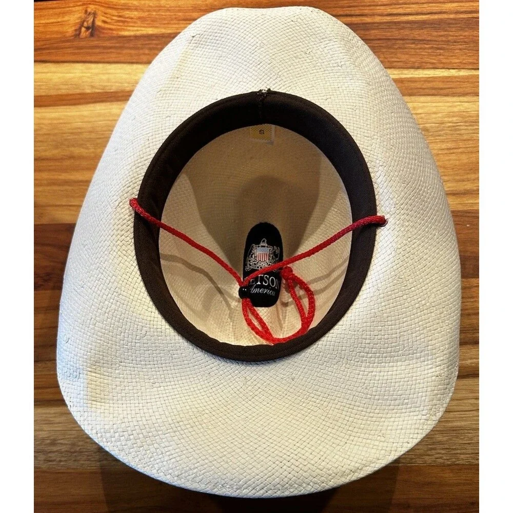 STETSON STRAW COWBOY WESTERN HAT American Flag Band W/ Drawsting 54cm Or 6 3/4